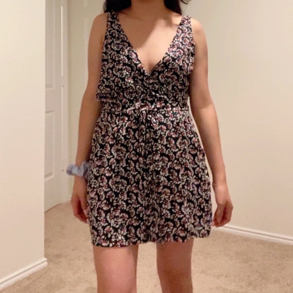 Express VNeck Black White Pink Floral Print Romper